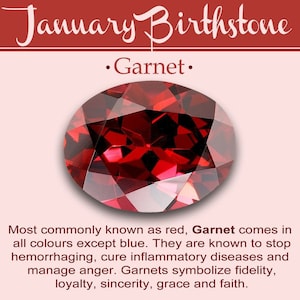 May include: A red garnet gemstone, the January birthstone. Garnet is known for its deep red colour and is associated with passion, energy, and vitality.