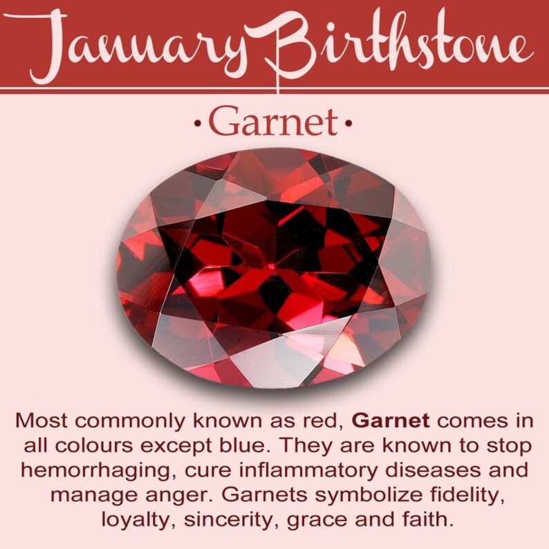 May include: A red garnet gemstone, the January birthstone. Garnet is known for its deep red colour and is associated with passion, energy, and vitality.