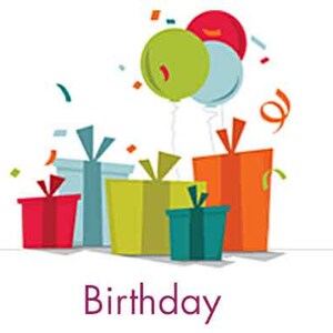 May include: A colorful birthday card with a design of presents and balloons. The card says "Birthday" in purple text.