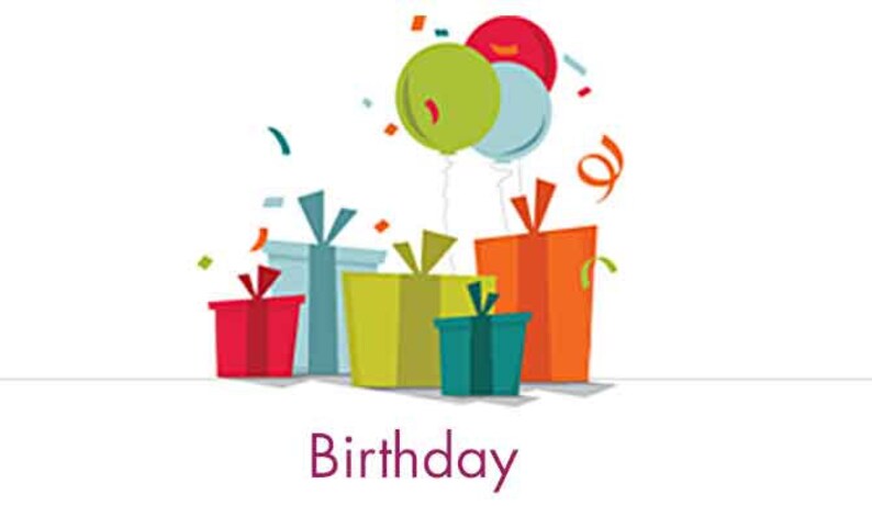 May include: A colorful birthday card with a design of presents and balloons. The card says "Birthday" in purple text.