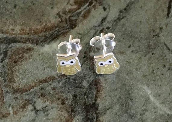 Cute Small Owl Stud Earrings Enamel Color on Sterling Silver 6x5mm Cute Small Owl Stud Earrings Enamel Color on Sterling Silver 6x5mm