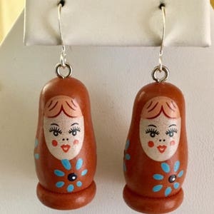 Painted Wood Matryoshka Russian Small Nesting Doll Earrings(Brown)           090