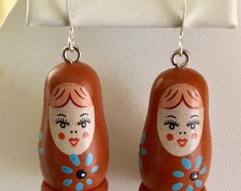 Painted Wood Matryoshka Russian Small Nesting Doll Earrings(Brown)           090