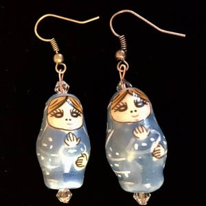 Painted Porcelain Matryoshka Russian Small Nesting Doll Earrings(Blue)          151