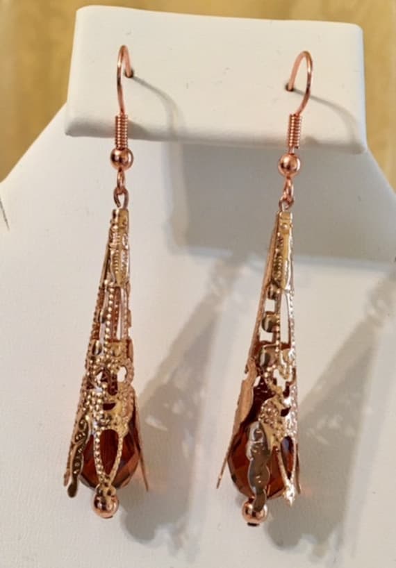 Copper Cone with Glass Stone Earrings. Great Bridesmaid Gifts!     543