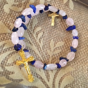 Faith/Cross-Rose Quartz and Blue Lapis Chip Spacer Bracelet        688