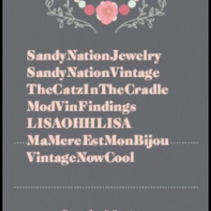 May include: A vertical graphic with a gray background features the text "Sandy Nation Jewelry" and other shop names. A floral design surrounds the letter "N" at the top. The text "Find our shops at www.etsy.com" is also included.