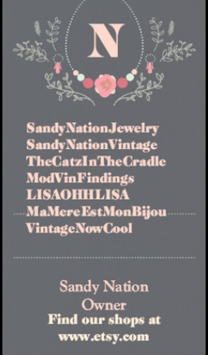 May include: A vertical graphic with a gray background features the text "Sandy Nation Jewelry" and other shop names. A floral design surrounds the letter "N" at the top. The text "Find our shops at www.etsy.com" is also included.