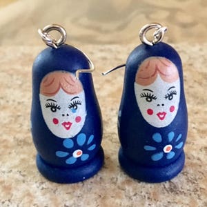 Painted Wood Matryoshka Russian Small Nesting Doll Earrings(Blue)              101
