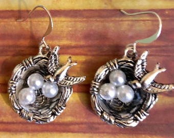 Antiqued Silver Filled Mother Bird and Eggs in Nest Earrings        187