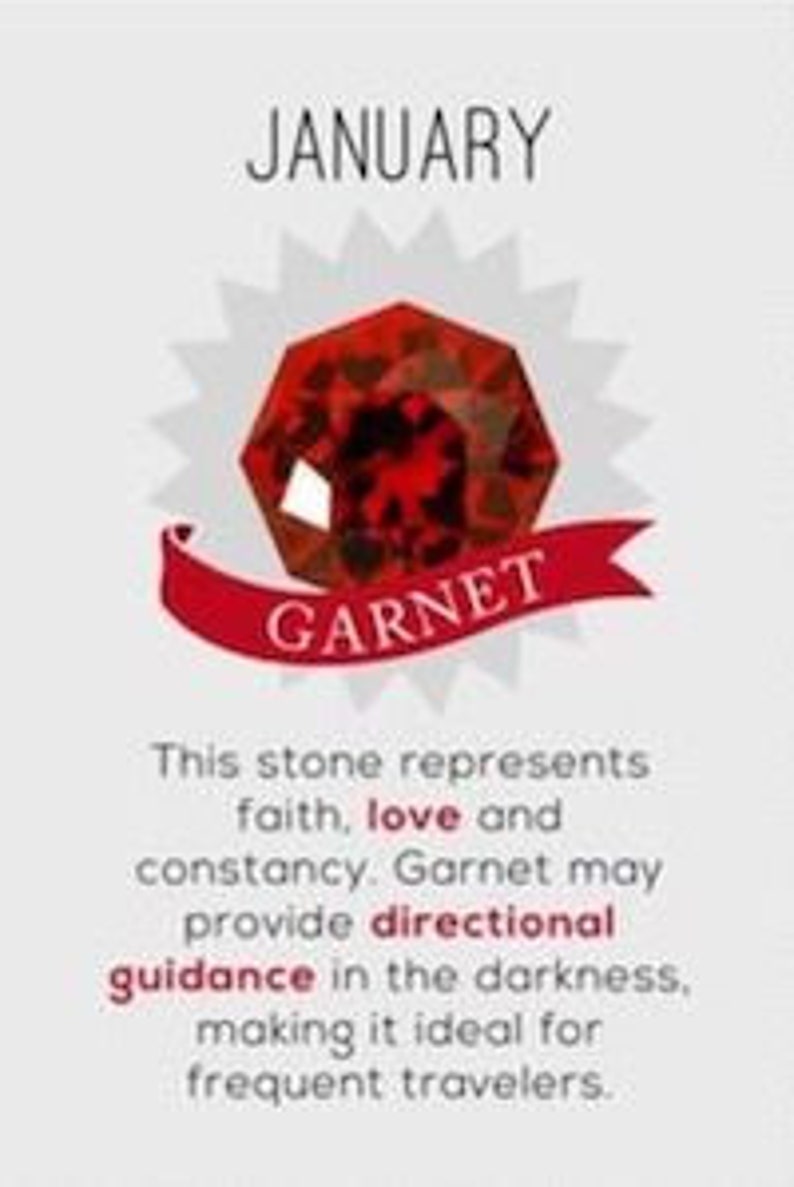 May include: A red garnet gemstone with a white starburst behind it. The text "JANUARY" and "GARNET" are displayed in white. The text below the gemstone reads: "This stone represents faith, love and constancy. Garnet may provide directional guidance in the darkness, making it ideal for frequent travellers."