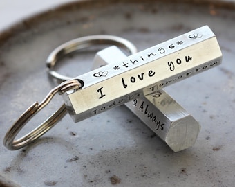 Hand-Stamped Personalised Aluminium Hex Bar Keyring - Customisable Keychain Gift for Him and Her Xmas Christmas Gift