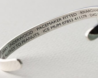 Sterling Silver Medical Alert Bracelet, Medic ID Bracelet, Bangle Medical Alert, Medical Bracelet, Allergy Xmas Christmas Gift