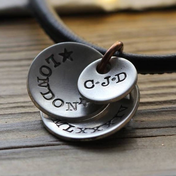 Personalised Silver Disk and Leather Necklace, Mens Personalised Gift Xmas Christmas Gift