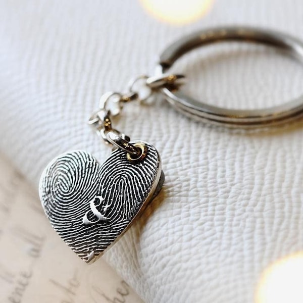 Fingerprint Keyring, Sterling Silver, Double Fingerprint Heart Keyring, Finger Print, Couples Gift, Womens Unique Mothers Day Gift For Her