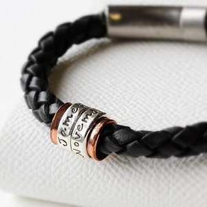 Kids Name Bracelet Mens, Family Name Bracelet, Mens Personalised Bracelet, Silver and Copper Leather Xmas Christmas Gift