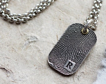 Personalised Mens Fingerprint Necklace, Sterling Silver Pendant For Men, Dog Tag Xmas Christmas Gift