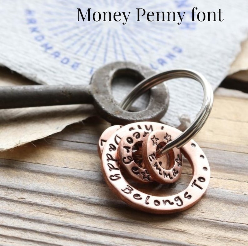 May include: A copper keychain with multiple circular charms. The charms are engraved with the words "Daddy", "Mommy", "Emma", and "Belongs To".