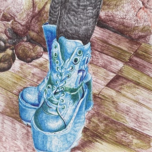 May include: Illustration of a pair of blue platform boots with multiple eyelets and laces. The boots have a chunky sole and are set against a backdrop of wooden planks and other textured elements.