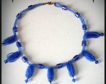 Classic beaded collier seed beads fantasy necklace Cottage chic style necklace, Bright Blue seed beaded collier