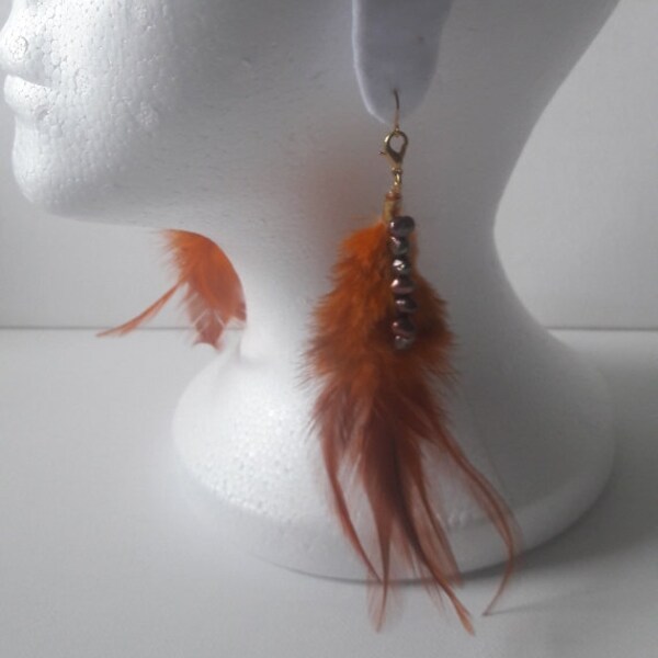 Boho  feathers earrings, Sweet water pearls earrings  Orange drop earings