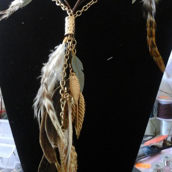 BOHO style tassel chain,  Ibizastyle chain, Large tassel chain and cord,  Feathers and charms large chain, Lady's necklace boho style,