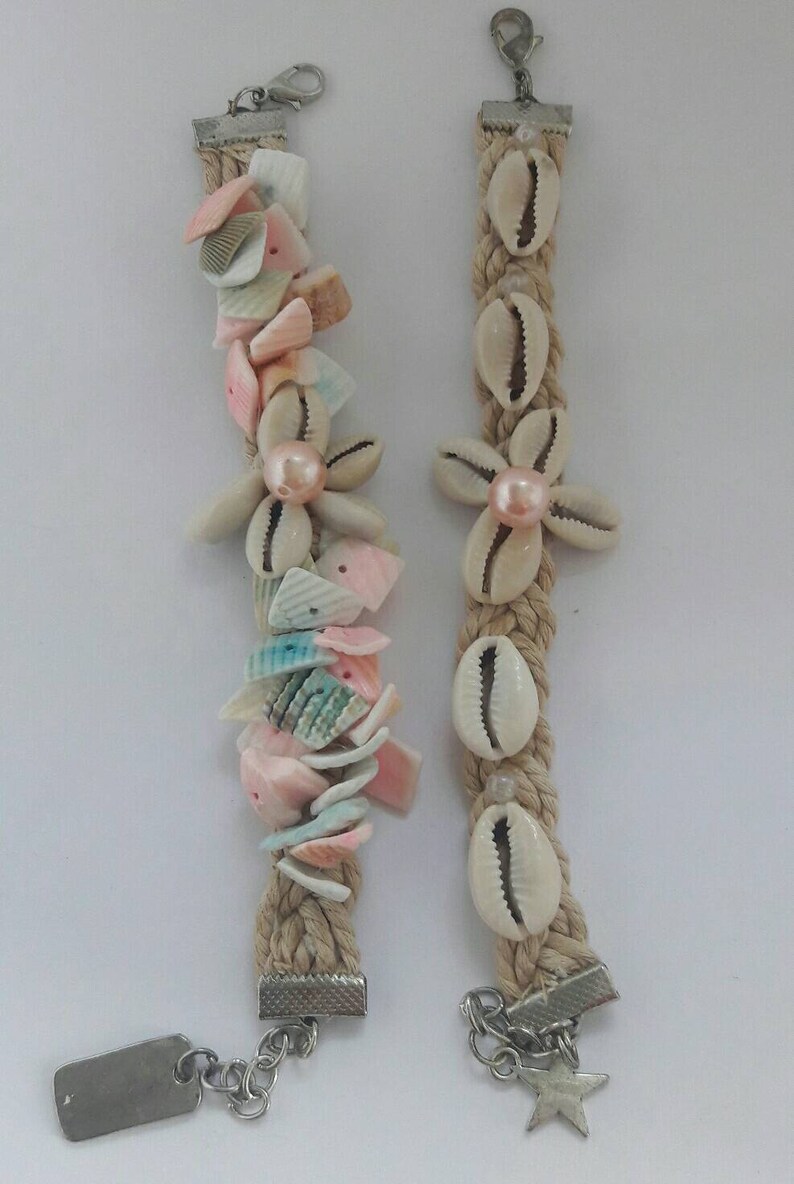Ibiza Cowrie shell on braided cord cuff set Boho shells bracelet set