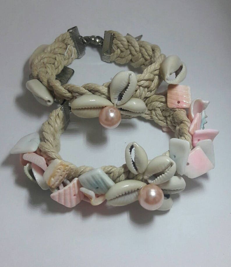 Ibiza Cowrie shell on braided cord cuff set Boho shells bracelet set