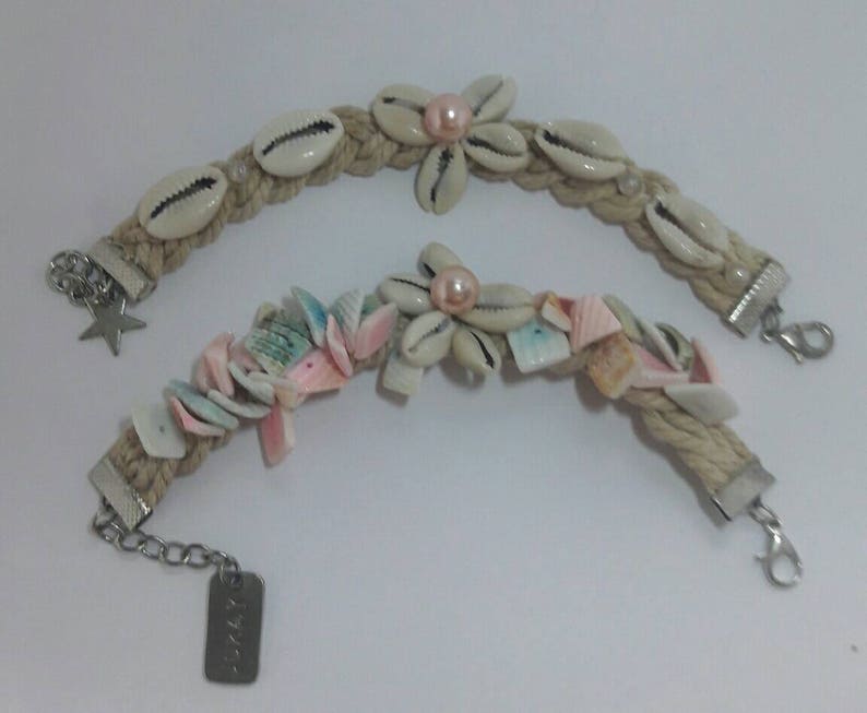 Ibiza Cowrie shell on braided cord cuff set Boho shells bracelet set