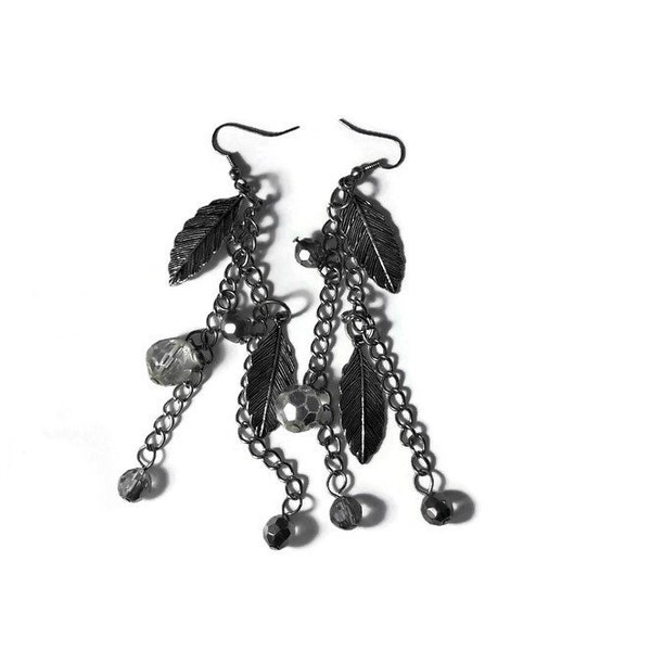 Boho Tassel chains earrings  silver leafs and beads drop earrings, 4 inch long chains wire earrings