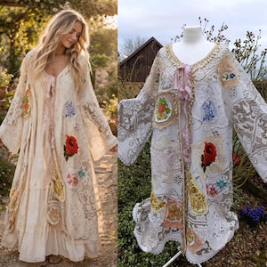 とても美しい手作りの一点物 ボヘミアン シャビーシック ロマンティック ヴィンテージ レース クロシェ刺繍 ダスター キモノ ジャケット 真のボヘミア