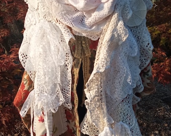 Handmade Vintage Lace Crochet Long Bohemian Shabby Chic Romantic Scarf Shawl Wrap True Bohemia Beach Wedding