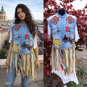 UpCycled Boho Hippie Festival handgeschilderd denimvest met leren gehaakte libelle