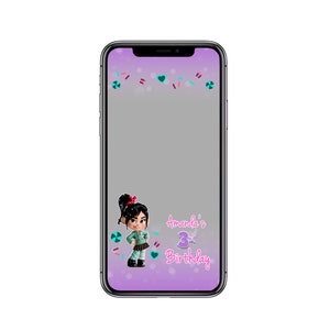 May include: A purple and gray phone screen with a cartoon character from the movie Wreck-It Ralph. The character is wearing a green and blue outfit and has a pink bow in her hair. The text "Amanda's 3rd Birthday" is on the screen.