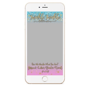 May include: A phone screen mockup with a blue and pink gradient background with gold glitter and stars. The text "Twinkle Twinkle Little Star" is at the top of the screen. The text "How We Wonder What You Are? Jessica & Lukas Gender Reveal 8.4.18" is at the bottom of the screen.