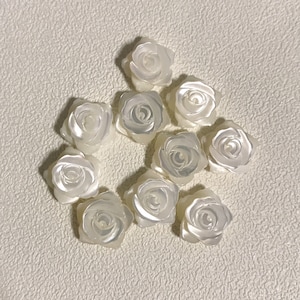 May include: Ten white pearl-like rose flower embellishments. The roses are three-dimensional and have a slightly iridescent sheen.