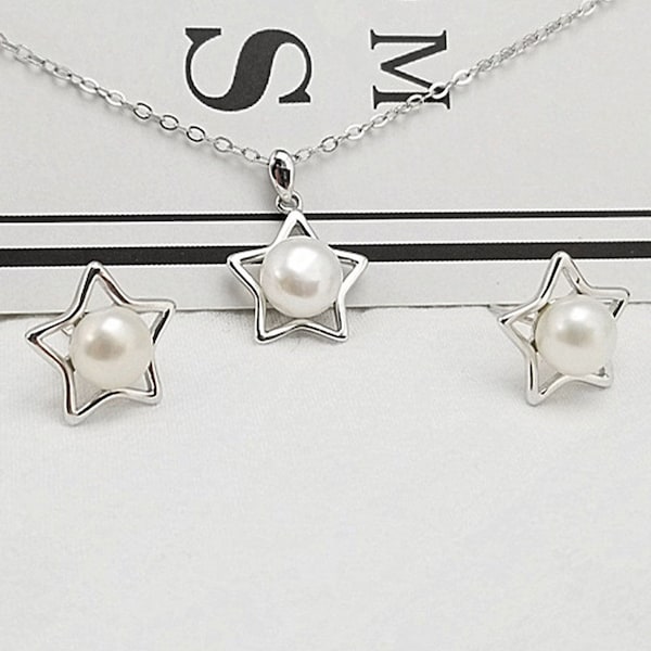 1 set 925 Silver star pendant and stud earring  settings for pearl or gemstone, pearl mountings, bulk DIY Bezel Cup findings--EP092