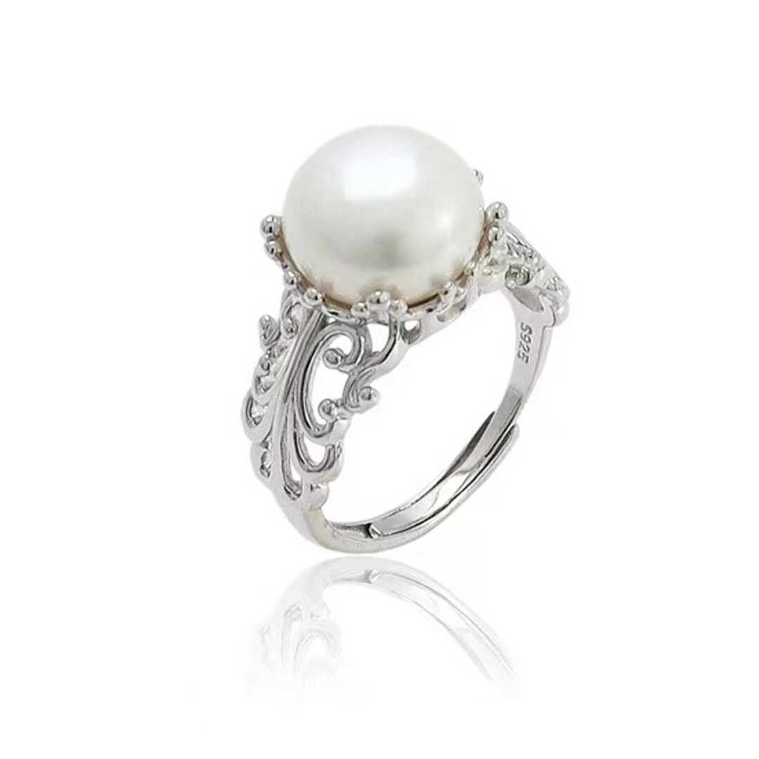 Adjustable Sterling Silver Ring Setting For Pearl - Rhodium Plated, Size 7-9, 6-7mm Pearl