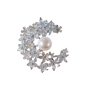 REAL freshwater pearl brooch, luxury moon brooch with AAA 11-12mm freshwater pearls, perfect gift