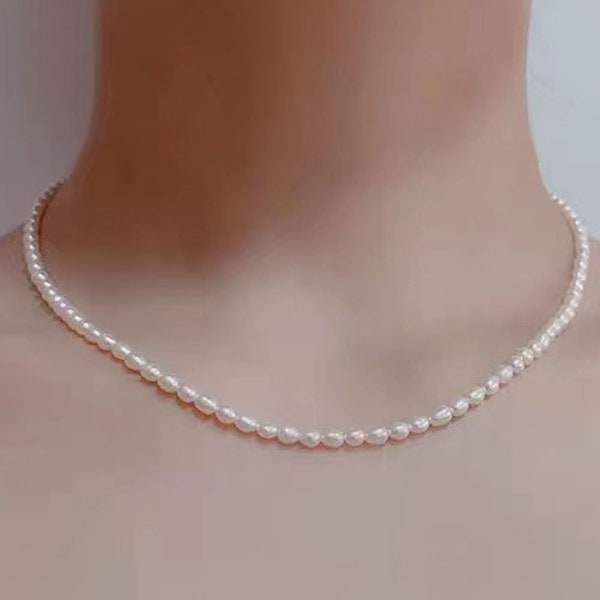 4-5 mm small seed rice pearl necklace choker,genuine white freshwater pearl necklace, girls tiny pearl necklace