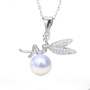 May include: A silver necklace with a pearl pendant and a fairy charm with wings adorned with small clear stones.