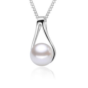 May include: A silver necklace with a delicate chain and a pendant featuring a single white pearl held in a teardrop-shaped setting.