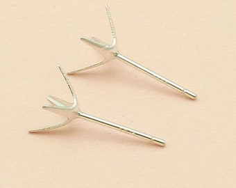 1 pair pure silver claw stud earring setting, 4 claws post stud earring blank for gems, wholesale earring making findings