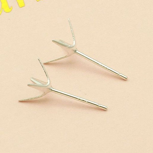 1 pair pure silver claw stud earring setting, 4 claws post stud earring blank for gems, wholesale earring making findings