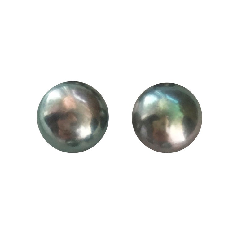 May include: Two round, iridescent grey pearl earrings.