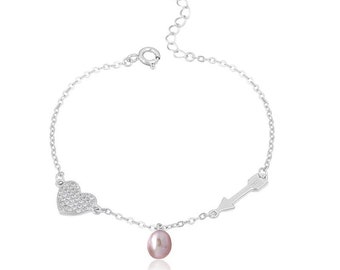 925 sterling silver bracelet setting, heart and arrow bracelet mounting, bracelet blank without pearl, jewelry DIY, gift DIY-BR007
