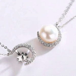 925 Sterling Silver moon necklace setting for pearl or gems, Pearl necklace mountings, wholesale DIY pearl necklace findings