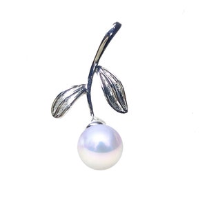 May include: A silver pendant featuring a delicate branch with two leaves and a single white pearl.