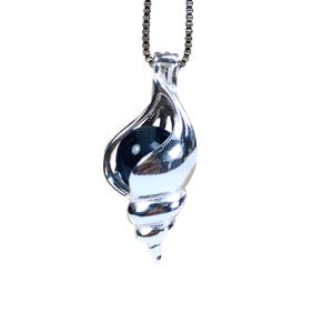 May include: A silver seashell pendant necklace featuring a black pearl inside. The pendant is intricately designed and hangs from a silver chain.