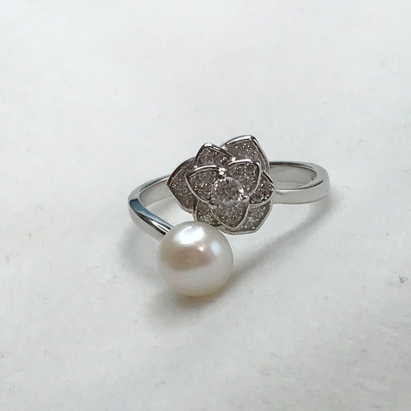 adjustable zircon solid sterling silver ring setting, flower pattern ring mounting, ring blank wthout pearl, jewelry DIY